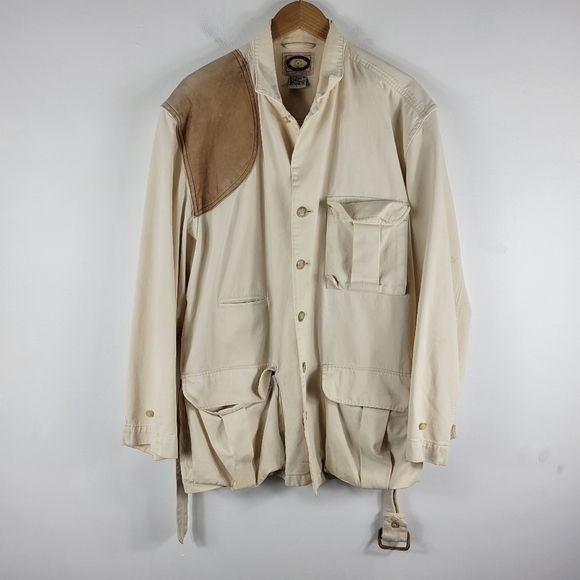 Vintage 80s Banana Republic Leather Patch Belted Button Up Utility Safari Jacket - Picture 7 of 12